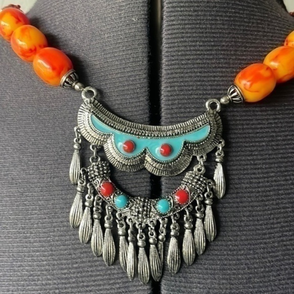 Vintage 1980's Necklace ETHNIC TRIBAL orange and turquiose